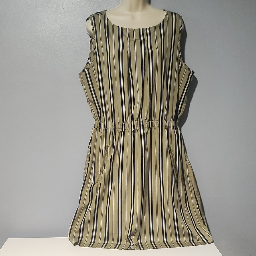 MPH Green,& Blue Striped Sleeveless Dress With 2 Gold Zipper Front Pockets